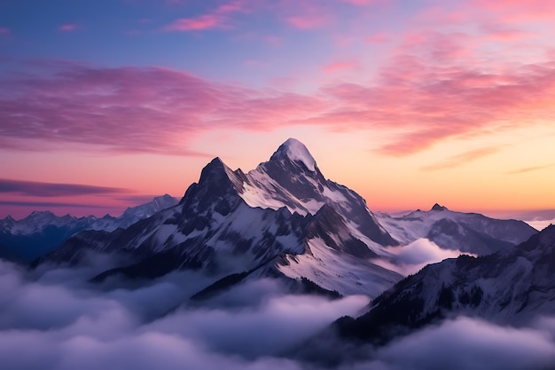 Belle photo aérienne des montagnes sous le magnifique ciel rose et bleu