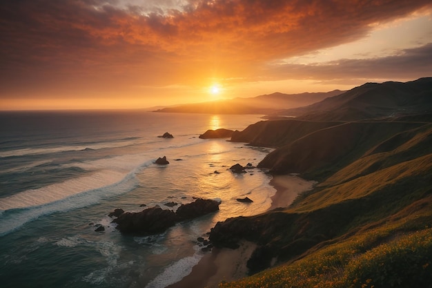 Photo belle photo aérienne d'un rivage avec des collines à l'arrière-plan au coucher du soleil