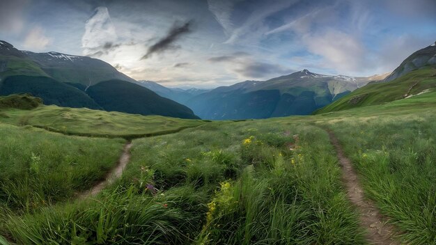 Une belle photo d'un champ vert entouré de hautes montagnes sous le ciel nuageux