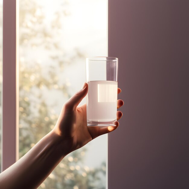 Belle photo commerciale d'une main tenant un verre d'eau de boisson dans un style minimal