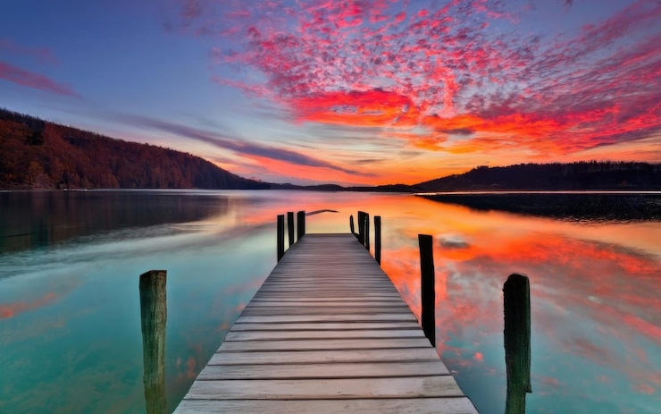Photo belle photo des couleurs du coucher de soleil à l'horizon d'un lac tranquille avec un quai