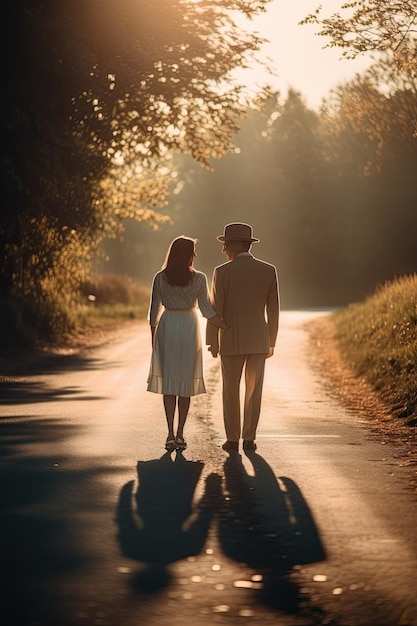 Une belle photo d'un couple amoureux main dans la main à la lumière du soleil