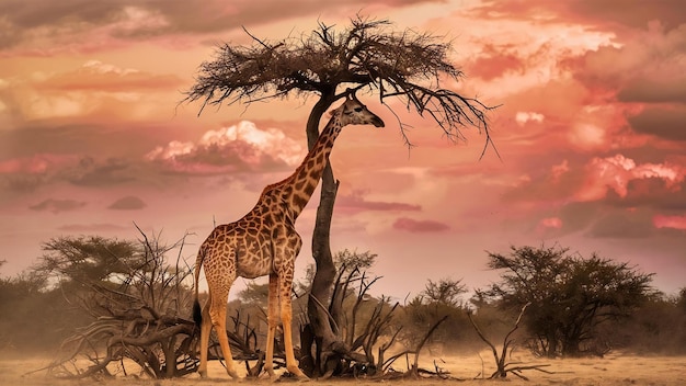 Une belle photo dramatique d'un paysage de safari avec une girafe debout sous un arbre séché