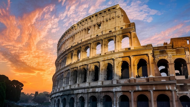 Une belle photo du célèbre amphithéâtre romain du Colosseum sous le ciel à couper le souffle au lever du soleil