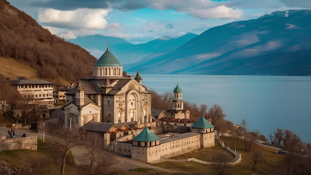 Photo belle photo du complexe du monastère de sevanavank surplombant le lac sevan en arménie