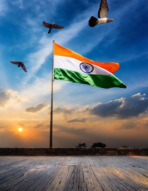 Belle photo du drapeau indien contre le ciel bleu et le pigeon volant célébration de la fête de la République de l'Inde