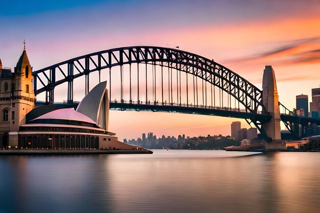 Une belle photo du pont du port de Sydney avec un ciel rose clair et bleu