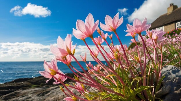 Belle photo de fleurs roses au bord de la mer par une journée ensoleillée en Grande-Bretagne