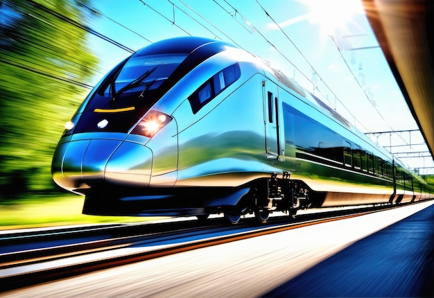 Belle photo de flou de mouvement de train de banlieue moderne à grande vitesse