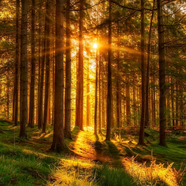 belle photo de la forêt à l'aube au soleil