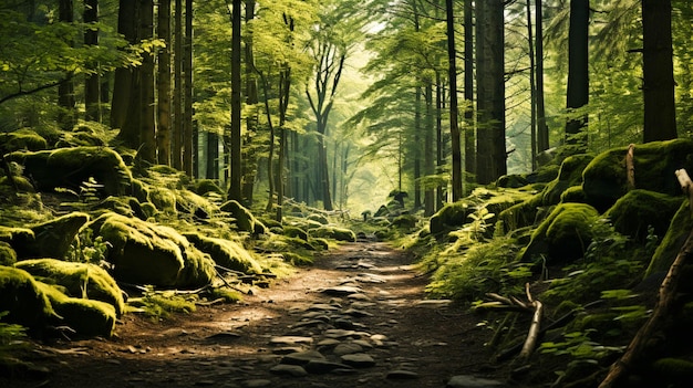 Photo belle photo d'une forêt avec de grands arbres verts