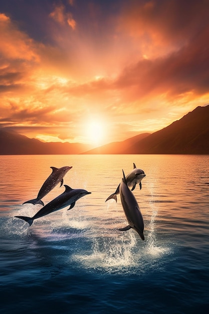 Une belle photo grand angle à couper le souffle d'un groupe de dauphins sautant hors de l'eau Photo générée par IA