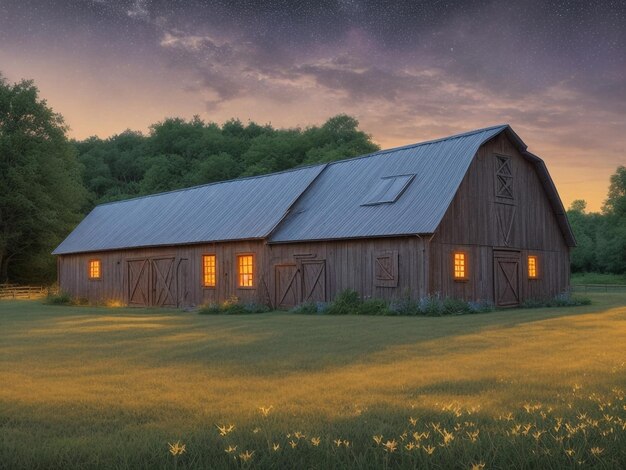 belle photo de la grange en bois rouge dans le champ