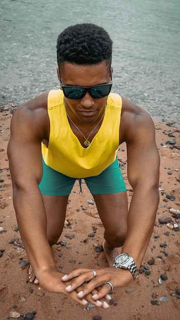 Belle photo d'un jeune homme avec des lunettes de soleil faisant des exercices avec le lac en arrière-plan