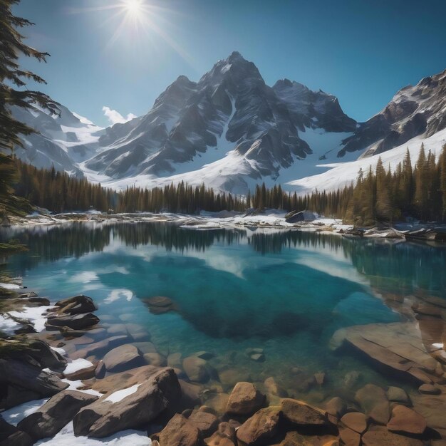 Une belle photo d'un lac cristallin à côté d'une base de montagne enneigée pendant une journée ensoleillée