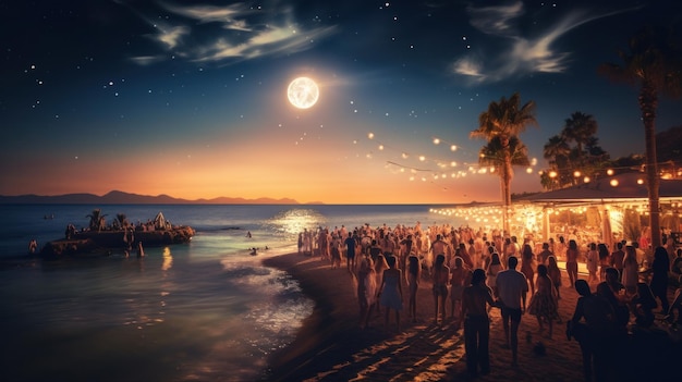 Une belle photo de la lune se reflétant sur l'eau avec la scène de la fête sur la plage en arrière-plan