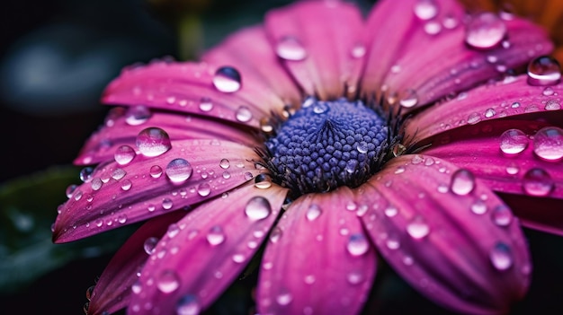 Belle photo macro d'une fleur avec de la rosée et une toile de fond bokeh abstraite