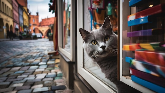 Belle photo d'un mignon chat gris derrière la fenêtre d'un magasin capturé à Poznan en Pologne