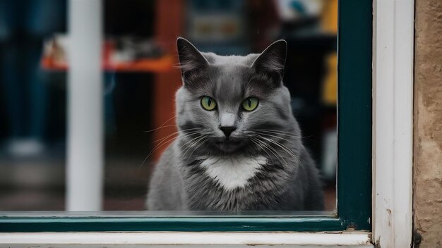 Belle photo d'un mignon chat gris derrière la fenêtre d'un magasin capturé à Poznan en Pologne