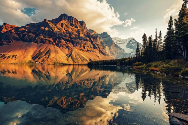 Belle photo d'une montagne rocheuse à côté d'un lac avec un reflet dans l'eau