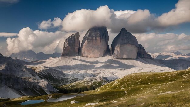 Photo belle photo de la montagne tre cime di lavaredo dans les alpes italiennes à l'ombre des nuages