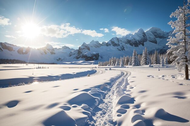 Belle photo d'un paysage enneigé étonnant sous la lumière du soleil