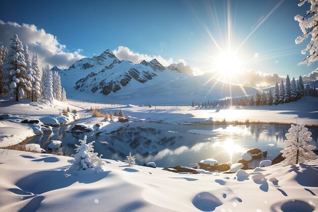 Belle photo d'un paysage enneigé étonnant sous la lumière du soleil