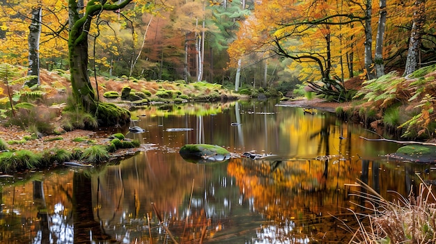 Une belle photo de paysage d'une rivière qui coule à travers une forêt à l'automne