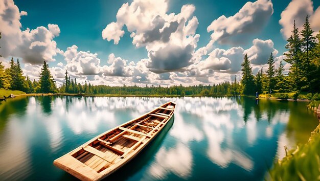 Belle photo d'un petit lac avec un bateau à rames en bois en vue et des nuages à couper le souffle dans le ciel