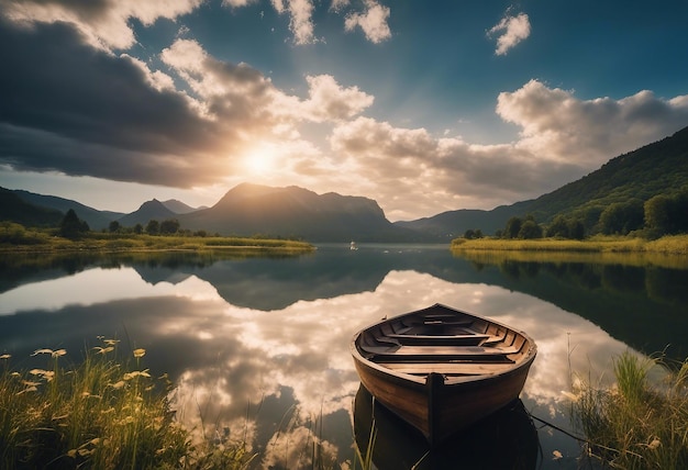 Belle photo d'un petit lac avec un bateau à rames en bois