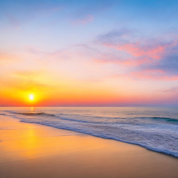 Belle photo d'une plage au bord de la mer avec un paysage de coucher de soleil dans le ciel du soir