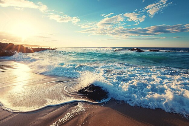 Photo une belle photo d'une plage de sable avec des vagues incroyables par une journée ensoleillée