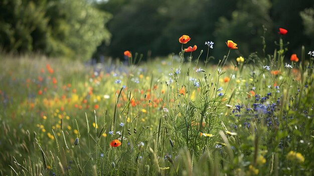 Une belle photo d'une prairie de fleurs sauvages en pleine floraison Les fleurs sont un mélange de couleurs dont le rouge, l'orange, le jaune et le bleu