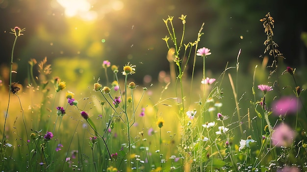 Une belle photo d'une prairie en pleine floraison la lumière chaude du soleil baigne les fleurs dans une lueur dorée et la brise douce frissonne les pétales