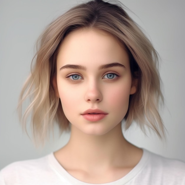 Belle photo rapprochée du visage d'une jeune femme, portrait, coiffure courte, vue de devant