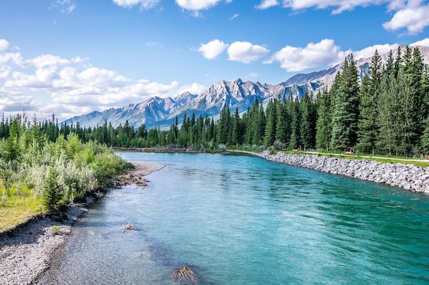 Photo une belle photo de rivière à canmore, alberta avec les montagnes rocheuses en arrière-plan.