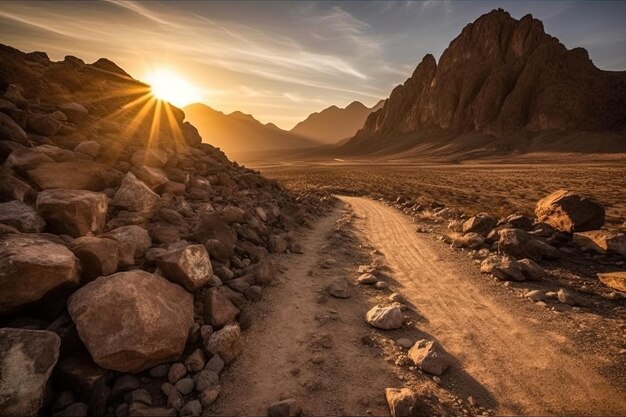 Belle photo d'une route au milieu du désert avec d'énormes rochers au loin