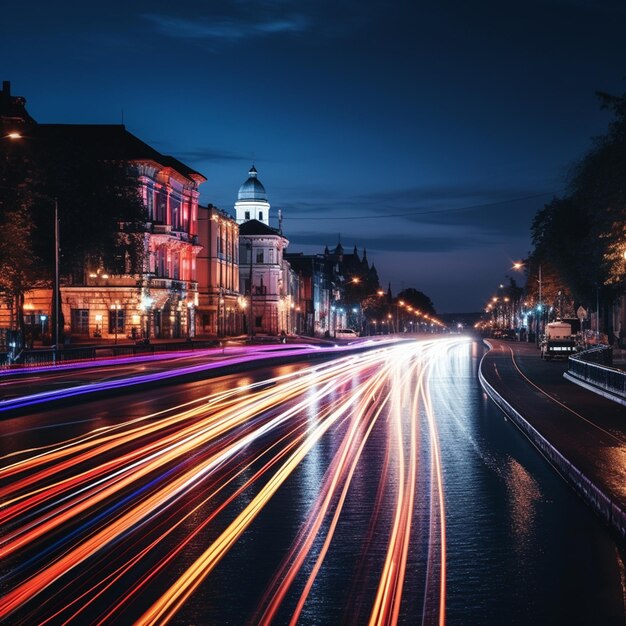 belle photo d'une rue avec des sentiers de lumière de voiture à côté de la rivière la nuit