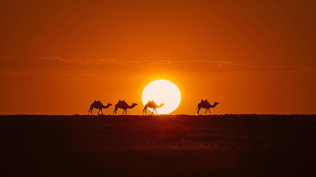 Belle photo de silhouettes de chameaux sur le fond du coucher du soleil dans le désert