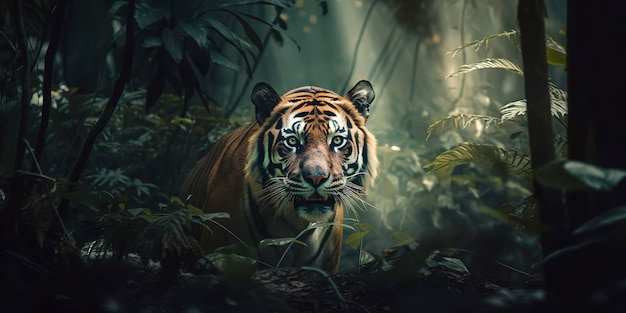 Belle photo d'un tigre traquant sa proie dans la jungle Generative AI