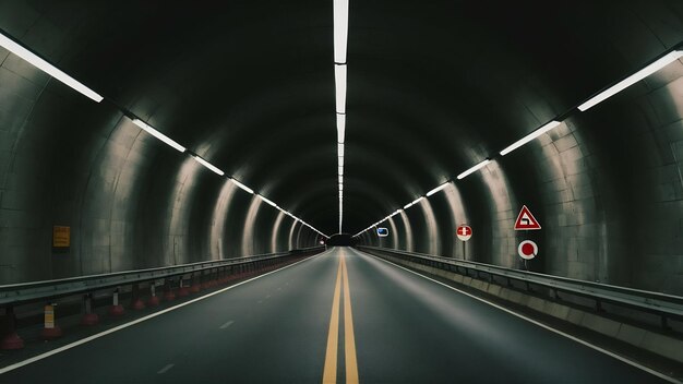 Belle photo d'un tunnel routier avec des panneaux de signalisation sur le côté