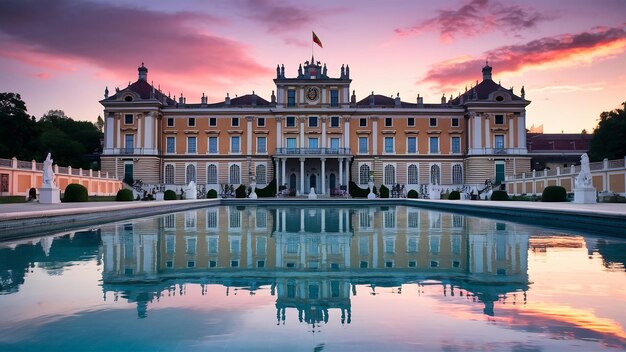 Belle photo verticale d'un grand palais en Espagne avec le reflet dans la piscine