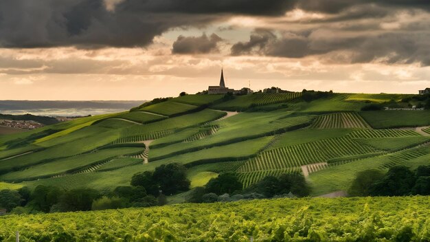 Photo une belle photo d'un vignoble vert et vallonné sous un ciel nuageux dans la ville de kappelrodeck