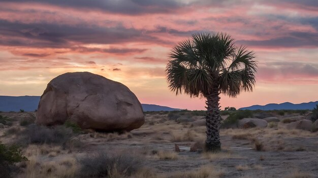 Une belle photo d'une zone déserte avec un rocher rocheux et un palmier sable isolé