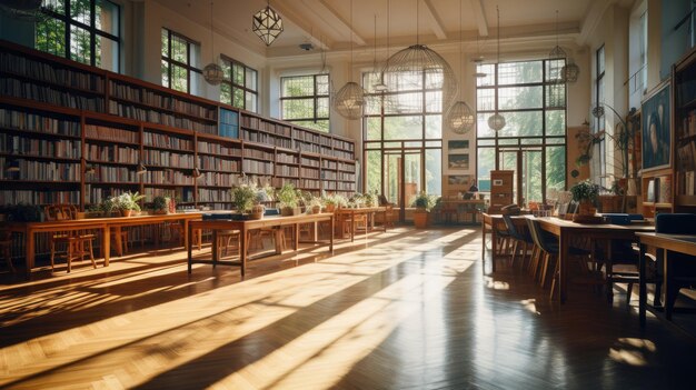 Une belle photographie d'une salle de bibliothèque ensoleillée