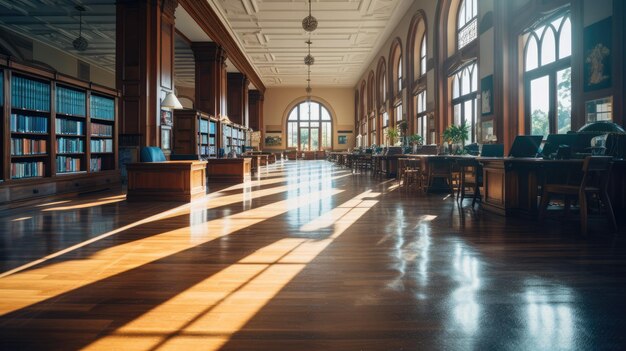 Une belle photographie d'une salle de bibliothèque ensoleillée