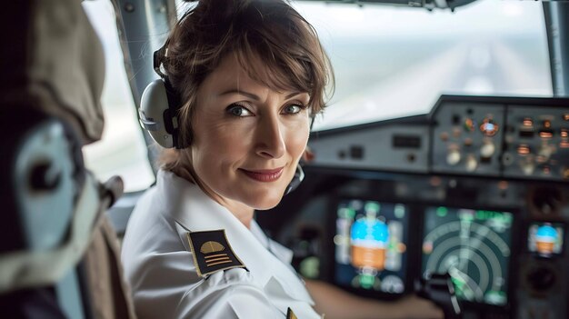 Une belle pilote confiante avec un casque assise dans le cockpit d'un avion regardant la caméra et souriant
