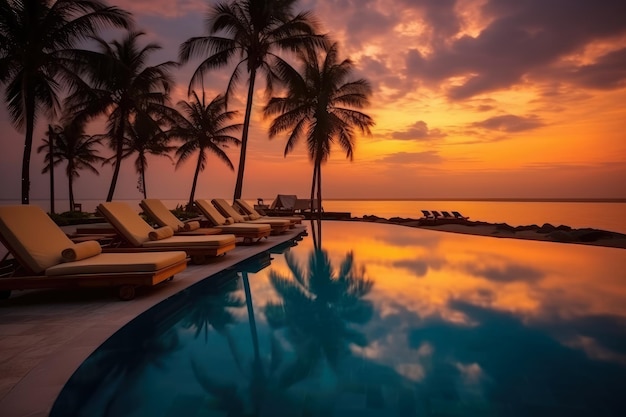 Belle piscine au coucher du soleil dans un hôtel de villégiature Silhouette piscine de luxe avec des palmiers plage au coucher de soleil de nuit Créé avec la technologie Generate Ai