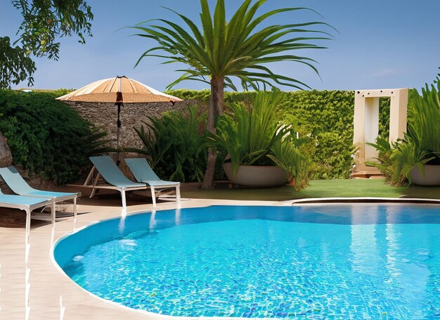 Belle piscine extérieure de luxe autour d'un cocotier ai généré