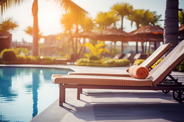 Belle piscine de luxe dans un hôtel de villégiature avec parapluie et chaise